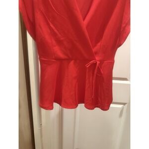 Monteau Women's Red Peplum Wrap Top with Ruffled Sleeves Size Medium